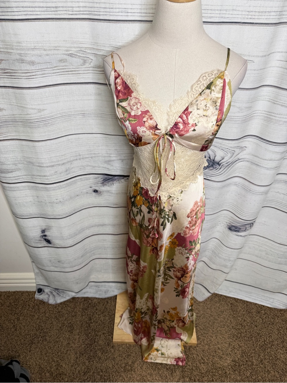 Dress Forum Floral Satin Slip Dress in Pink and Olive